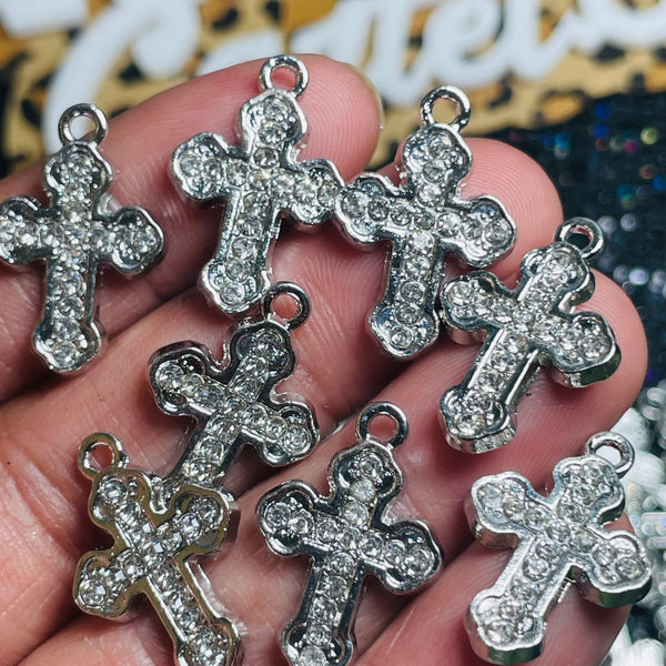5 Piece Alloy Rhinestone Platinum Cross pendants- dainty sized- scroll down to read full details