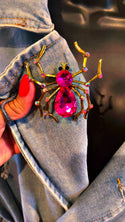 1 piece Brooch pin gold glass dark pink spider