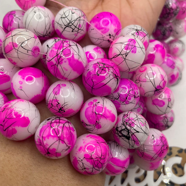 1 Strand 16MM Glass Bead Hot Dark Pink White Scribble Splatter