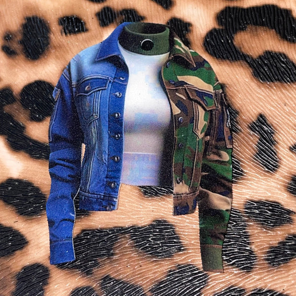 1 piece resin image- includes gloss and Holes- denim camo jacket with tee